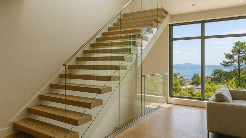 stairs with glass railing