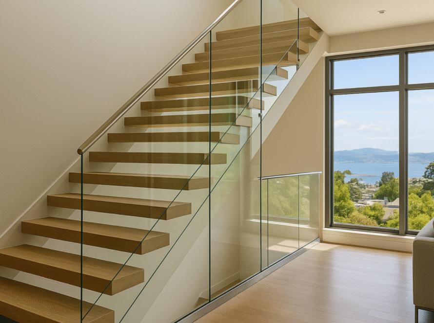 stairs with glass railing