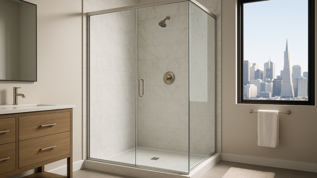Frameless glass shower enclosure in a Bay Area bathroom