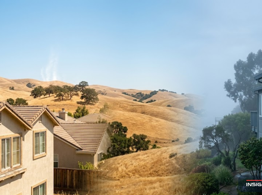 Solano County, California, climate contrast showing hot inland summer conditions in Vacaville and foggy waterfront moisture near Benicia, affecting residential windows