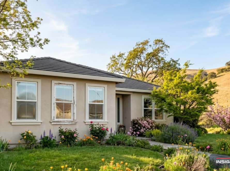 Suburban Solano County home in spring showing aging windows with condensation and peeling paint against golden rolling hills in the background