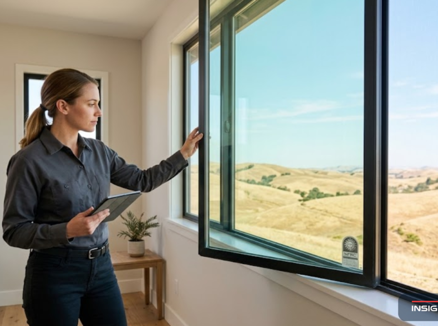 Professional window installer inspecting a Title 24 compliant energy-efficient window in a Solano County, California home with golden hills visible outside