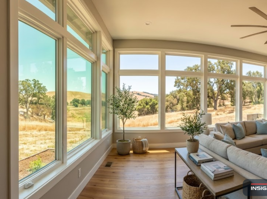 Bright modern Solano County living room with energy-efficient Low-E windows keeping the interior cool while hot summer conditions are visible through the glass