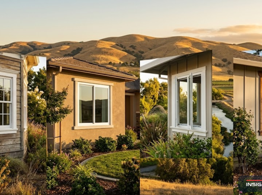 Different window types including double-hung casement and sliding windows installed on various Solano County California home styles with golden hills in the background