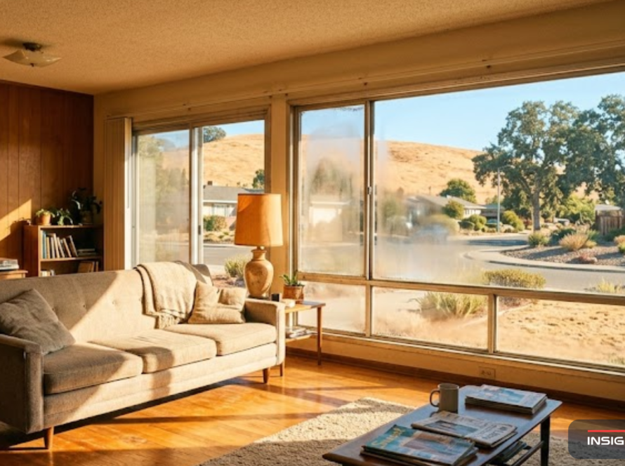 Sunlit living room in a 1960s Concord CA ranch home with large aging windows overlooking golden inland hills, showing signs of window seal failure and solar heat gain