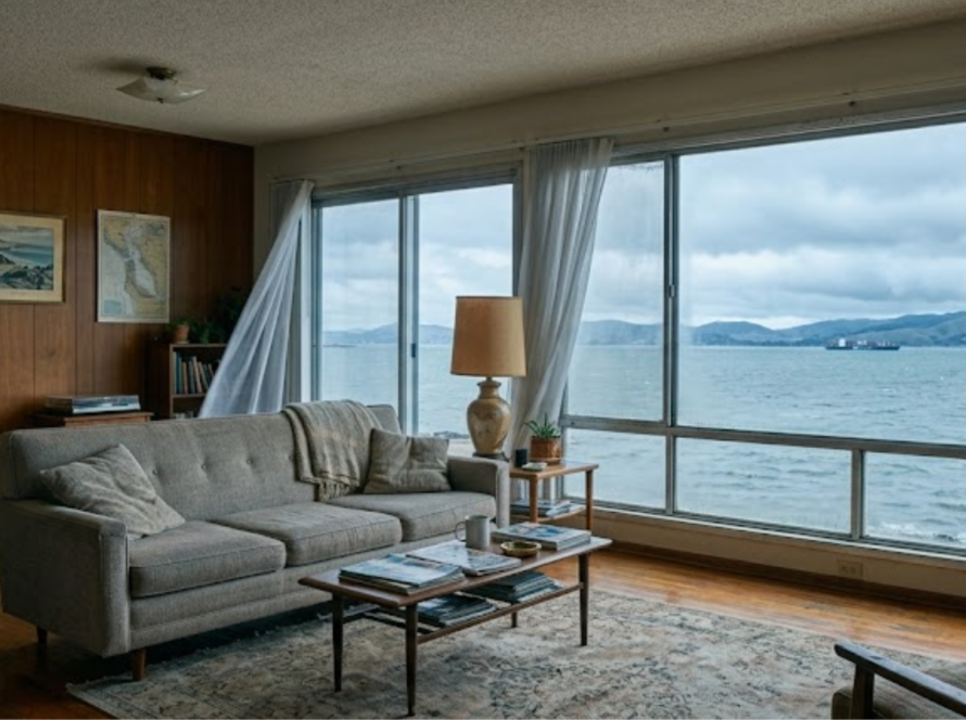 Living room in a Richmond CA bayfront home with aging aluminum-frame windows overlooking the San Francisco Bay, sheer curtains billowing from coastal wind infiltration