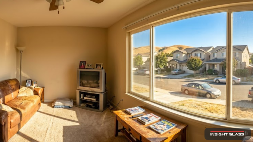 Interior of a late 1990s Antioch CA suburban home with intense summer sunlight streaming through builder-grade windows, dry brown East Contra Costa hills visible through the glass