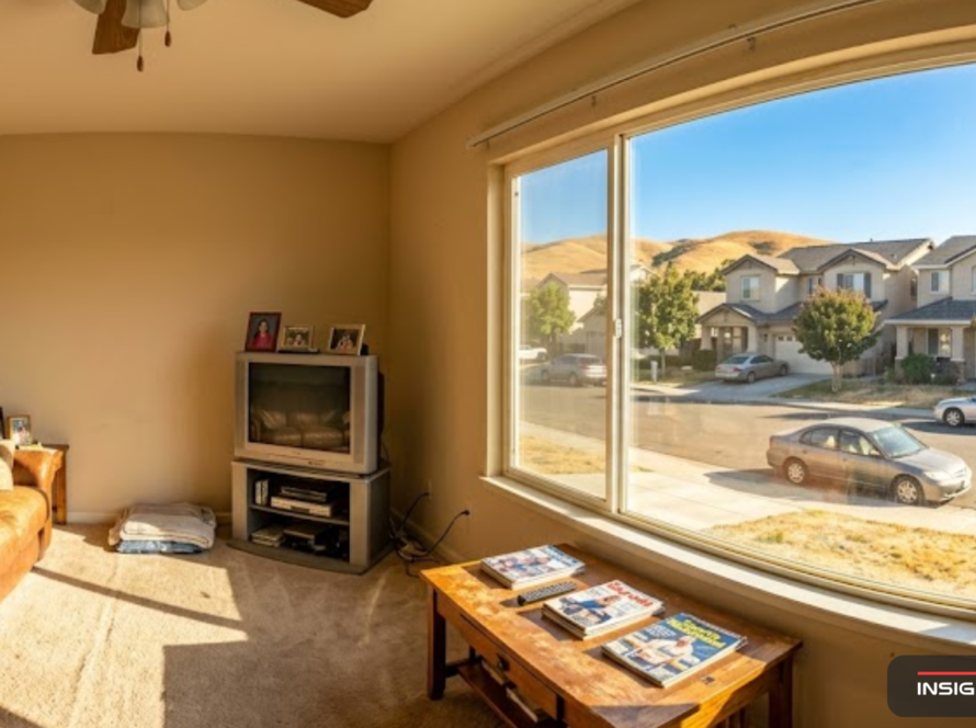Interior of a late 1990s Antioch CA suburban home with intense summer sunlight streaming through builder-grade windows, dry brown East Contra Costa hills visible through the glass