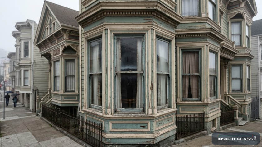 San Francisco Victorian row house facade with ornate aging bay windows on a foggy afternoon, illustrating the need for home window replacement in San Francisco's historic neighborhoods