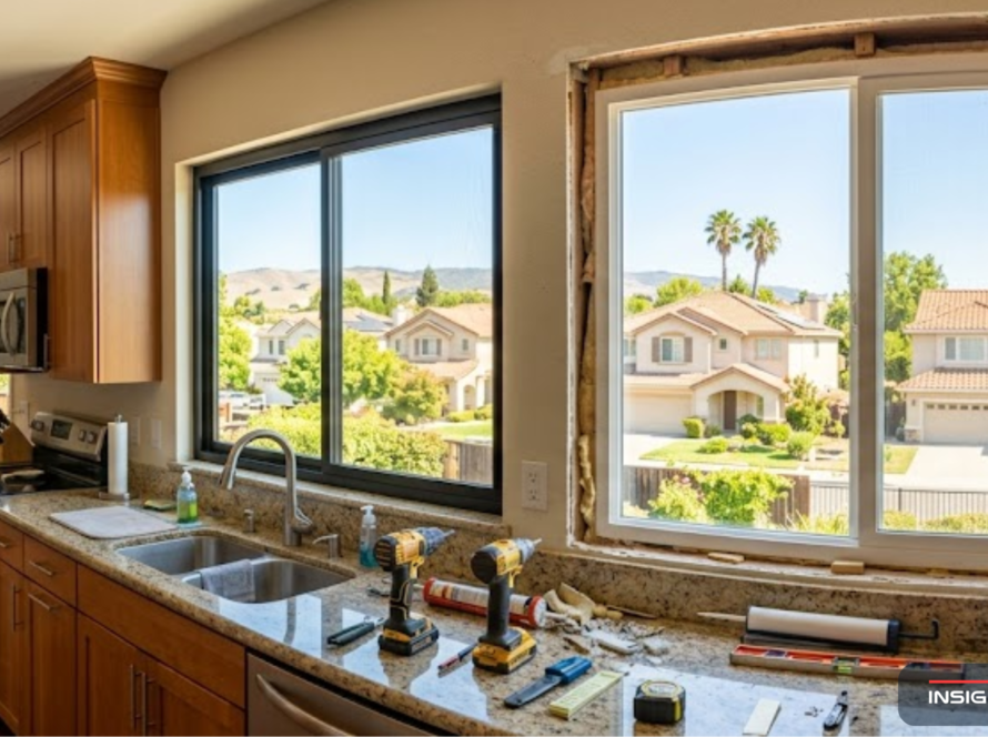 Santa Clara County home with new energy-efficient replacement window being installed alongside older builder-grade window, illustrating the Santa Clara county window replacement program incentives and upgrade process