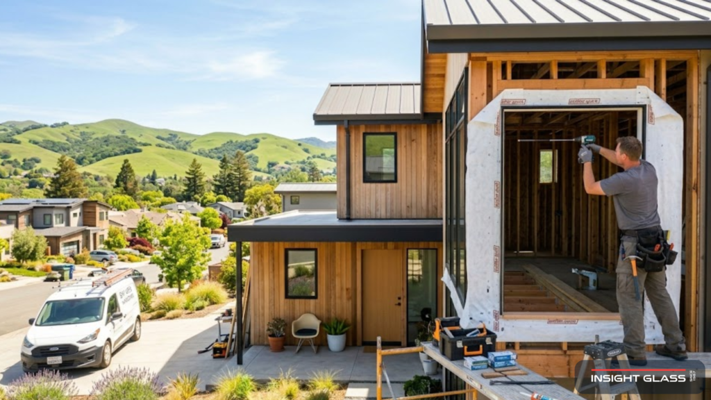New construction windows installation on a Bay Area home with house wrap and flashing visible around the rough opening
