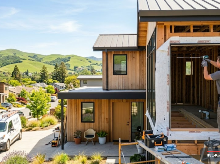 New construction windows installation on a Bay Area home with house wrap and flashing visible around the rough opening