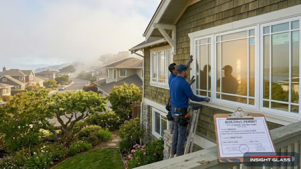 Energy efficient replacement window on an older San Mateo County home with coastal fog clearing to spring sunshine