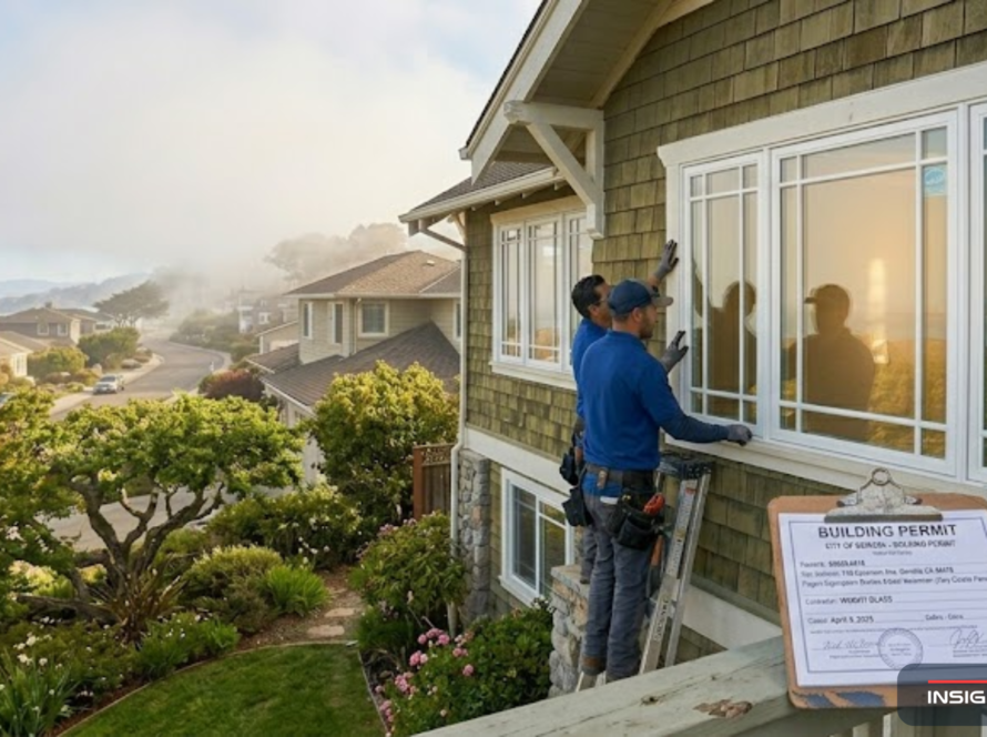 Energy efficient replacement window on an older San Mateo County home with coastal fog clearing to spring sunshine