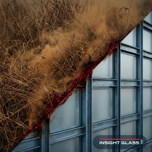 Abstract photorealistic composition of dry grass and smoke textures meeting cold steel and glass grid representing wildland-urban interface fire risk zones