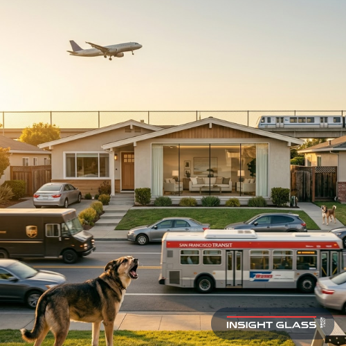 Bay Area home surrounded by common noise sources including freeway traffic, a low-flying airplane, BART train, and a barking dog in the neighboring yard