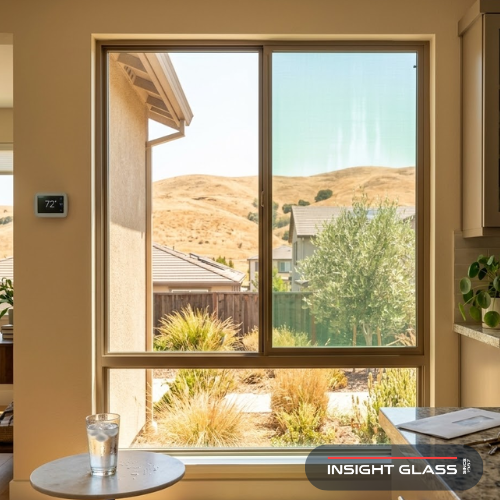 Energy-efficient dual-pane window in a Contra Costa County home keeping the interior cool while blocking intense summer heat from the East Bay hills outside