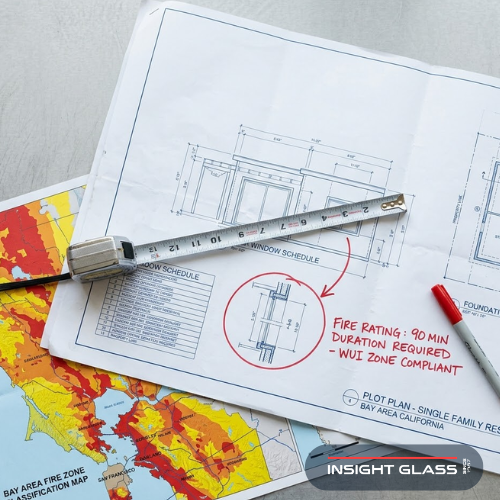 Bay Area building plans with fire zone map and measuring tape showing fire rated window classification requirements