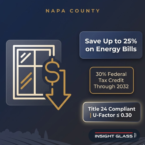 Energy efficiency and cost savings infographic for Napa County homeowners showing 25 percent energy bill reduction, 30 percent federal tax credit, and Title 24 compliance for replacement windows