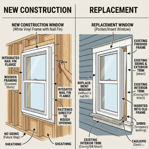 Side-by-side comparison of new construction window with nail fins on exposed studs versus replacement window fitted into an existing frame