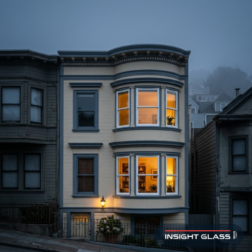 Exterior of a San Francisco Edwardian row house at blue hour with new energy-efficient bay windows glowing warmly from inside, neighboring homes with older dark windows visible for contrast, and thick fog sitting low behind the rooftops.