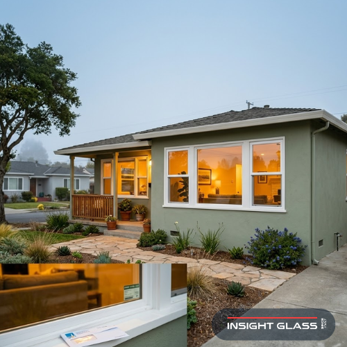 Exterior of an updated ranch-style San Mateo County home at golden hour featuring new energy-efficient windows with warm interior light glowing through low-E glass, illustrating energy savings and increased property value on the Peninsula