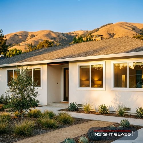 Exterior of an updated ranch-style Santa Clara County home at golden hour, featuring new energy-efficient windows with cool interior visible through low-E glass, drought-tolerant landscaping, and Santa Cruz Mountain foothills glowing in the background