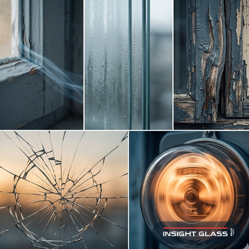 Abstract visual showing five common signs of window damage in Alameda County homes — cold air drafts through gaps, foggy condensation between panes, warped and peeling wood frames, cracked glass, and rising energy costs from inefficient windows.