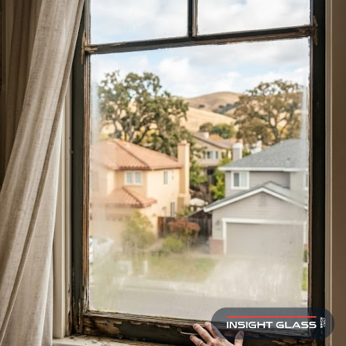 Old window with condensation between panes and peeling wood frame inside a Contra Costa County home showing signs that window replacement is needed