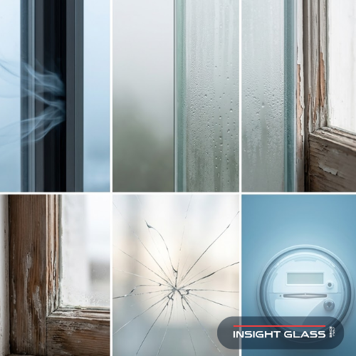 Common signs of window damage in Marin County homes — cold drafts from coastal winds, foggy condensation between panes, salt-corroded and moisture-warped frames, and rising energy costs from inefficient windows.