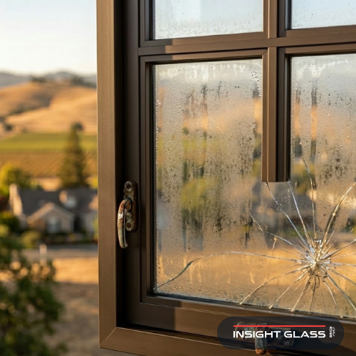 deteriorating window on a Napa County home showing foggy glass, peeling paint, and cracked frame needing replacement