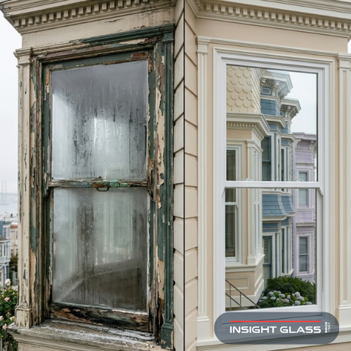 Close-up comparison of a fog-damaged, moisture-swollen old window with peeling paint and failed seals, and a new energy-efficient replacement window on a classic San Francisco Victorian row house, with marine layer fog rolling across neighboring rooftops in the background.
