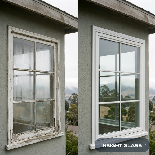 Close-up comparison of an old, foggy, deteriorating window and a new energy-efficient replacement window on a mid-century Peninsula home in San Mateo County, California, with coastal fog visible in the background