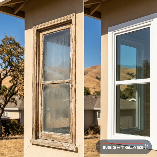 Close-up comparison of a sun-damaged, foggy old window and a new energy-efficient replacement window on a ranch-style Silicon Valley home in Santa Clara County, California, under bright afternoon sunlight with golden hillsides in the background
