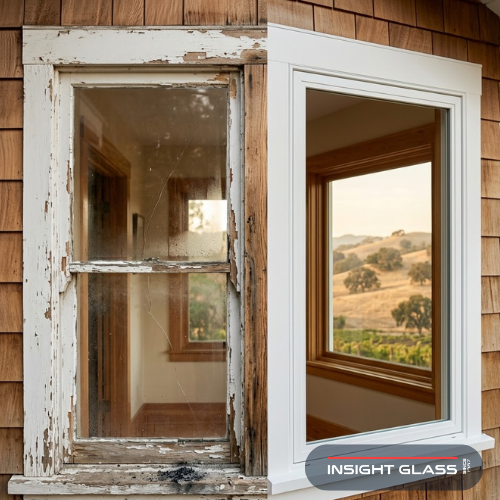 Close-up comparison of a rain-damaged, foggy old window with wildfire ash residue and a new energy-efficient replacement window on a Craftsman-style Sonoma County home, with rolling wine country hills and hazy sky in the background