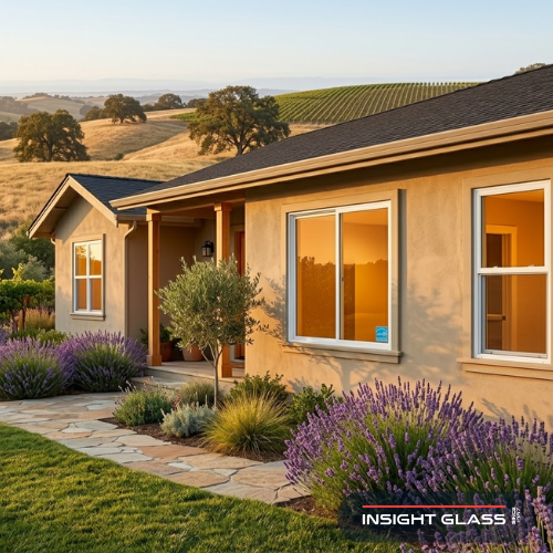 Exterior of an updated ranch-style Sonoma County home at golden hour featuring new energy-efficient windows with warm interior light glowing through low-E glass, lavender landscaping, and rolling wine country hills with vineyard rows in the background
