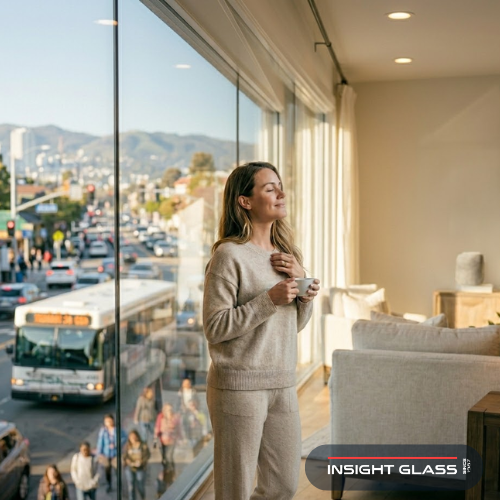 Homeowner enjoying a quiet living room while a busy Bay Area street is visible through a high-STC-rated soundproof window