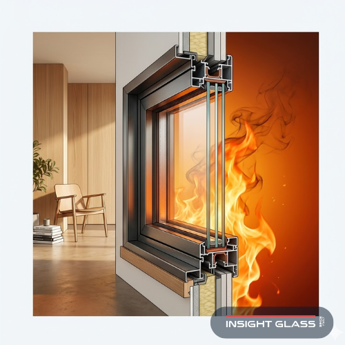 Cross-section of a fire rated window assembly showing steel frame and glass ceramic glazing blocking flames and smoke