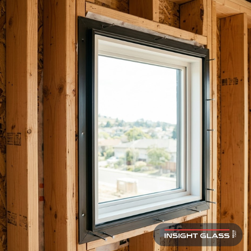Close-up of new construction window with nail fins attached to exposed wall studs before siding installation