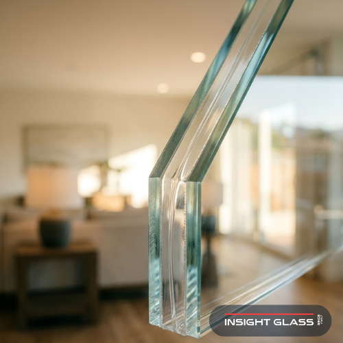 Close-up cross-section of a soundproof laminated glass window showing two thick panes with a flexible sound-dampening interlayer between them