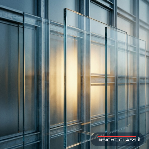 Abstract photorealistic composition of layered protective glass panels with warm golden undertones representing insurance and financial value of fire-rated windows