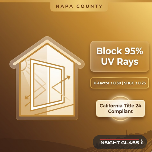 Energy-saving windows for Napa County homeowners showing UV protection, Title 24 compliance, and reduced cooling costs for wine country homes