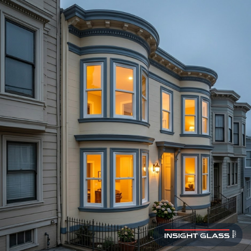 Warm, cozy Victorian living room interior in San Francisco with new energy-efficient bay windows showing thick fog and wind outside, demonstrating indoor warmth retention with pristine hardwood floors and comfortable seating near draft-free glass