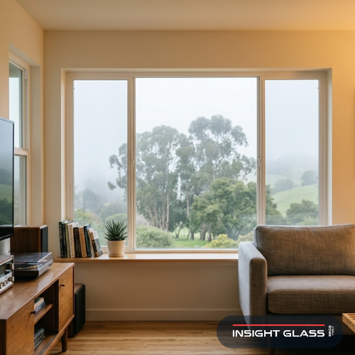 Warm, bright living room interior with new energy-efficient windows overlooking a foggy Peninsula morning in San Mateo County, California, demonstrating indoor comfort and heat retention in a marine climate