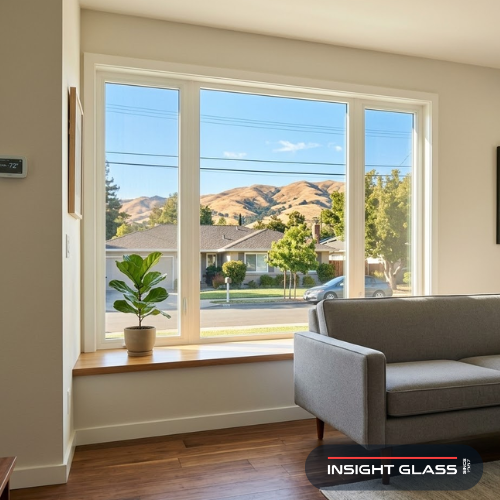Bright, cool living room interior with new energy-efficient windows filtering intense Silicon Valley sunlight in a Santa Clara County home, showing UV-protected hardwood floors and comfortable indoor temperatures on a hot afternoon.