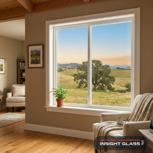 Bright, comfortable living room interior with new energy-efficient windows overlooking Sonoma County wine country hills, showing UV-protected hardwood floors, clean indoor air quality, and filtered natural light in a wine country home