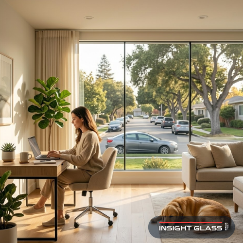 Bay Area homeowner working peacefully in a sunlit room with soundproof windows providing quiet comfort and natural light