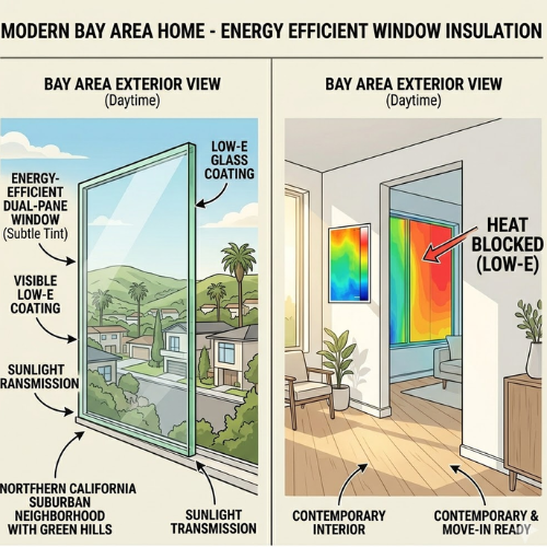 Energy-efficient low-E glass window in a Bay Area home blocking heat transfer and reducing energy costs