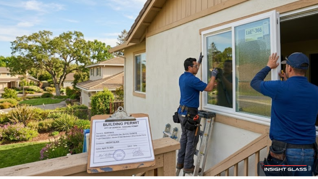 Window replacement installation on a Contra Costa County home with a building permit clipboard in the foreground