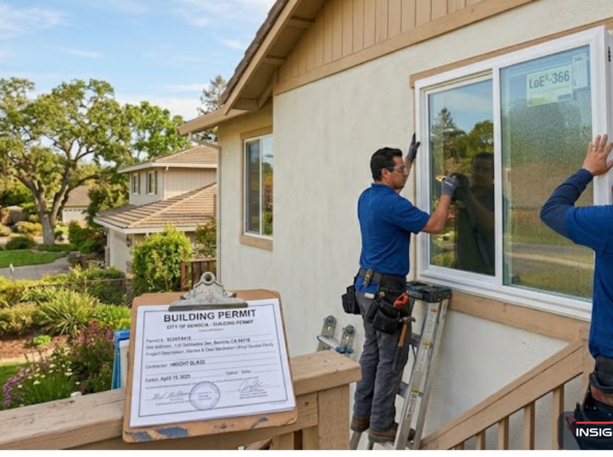 Window replacement installation on a Contra Costa County home with a building permit clipboard in the foreground